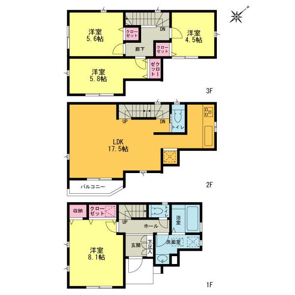 Floor plan. (1 Building), Price 37,800,000 yen, 4LDK, Land area 71.39 sq m , Building area 101.02 sq m
