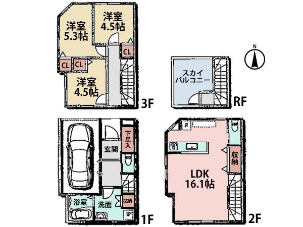 Floor plan. (A Building), Price 46,800,000 yen, 3LDK, Land area 56.5 sq m , Building area 97.07 sq m