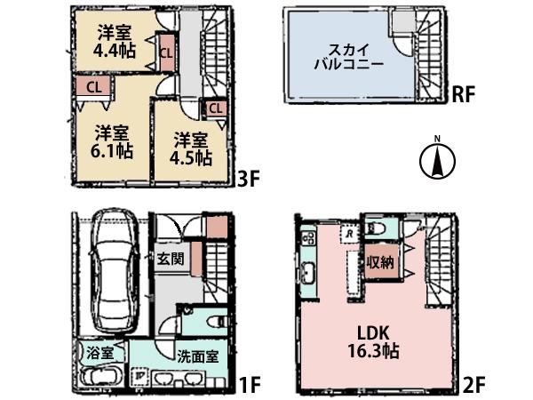Floor plan. (B Building), Price 46,800,000 yen, 3LDK, Land area 56.5 sq m , Building area 98.43 sq m