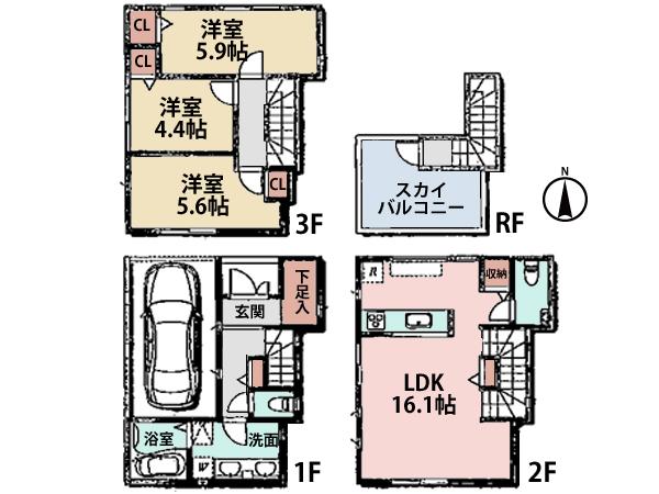 Floor plan. (C Building), Price 46,800,000 yen, 3LDK, Land area 57.1 sq m , Building area 98.88 sq m