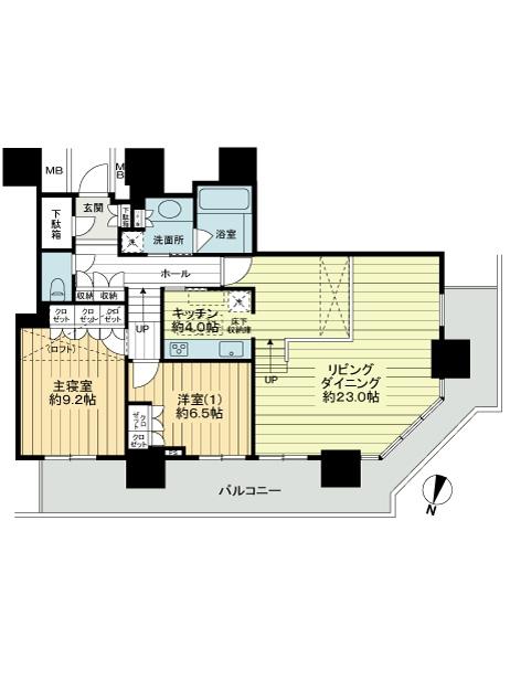Floor plan. 2LDK, Price 77 million yen, Occupied area 95.51 sq m , Balcony area 29.87 sq m in the main bedroom of about 9.2 quires about 3.4 Pledge with a loft. Storage rich plan, such as shoes closet or under the floor storage.