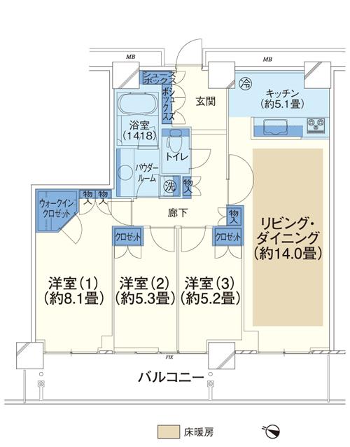 About 14 tatami LD, About 8.1 tatami of Western-style (1), etc., Relaxed some 86 sq m more than the wide span of dwelling unit [E3L-J 'type] 3LDK+WIC, price / 64,900,000 yen, Occupied area / 86.44 sq m , Balcony area / 18.75 sq m . WIC = walk-in closet.
