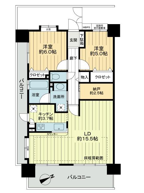 Floor plan. 2LDK + S (storeroom), Price 45,800,000 yen, Occupied area 70.01 sq m , Balcony area 21.84 sq m
