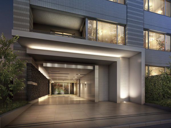 Buildings and facilities. To keynote the bright white and gray reminiscent of the open feeling of the Tama River, Creating a sophisticated look by dividing bonded to delicate border pattern. Ashirai heavy tiles in the entrance of the wall that becomes the "face" of the dwelling, It represents the prestige as a mansion. (Entrance approach Rendering)