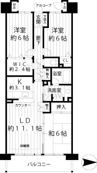 Floor plan. 3LDK, Price 40,800,000 yen, Occupied area 76.64 sq m , Balcony area 10.5 sq m all room 6 tatami mats or more of 3LDK