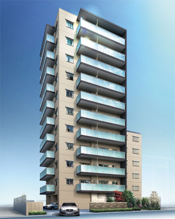 Shared facilities.  [Simple and elegant appearance] Form of the ground 11-story burgeoning into the sky, Stylish impression tones and shades of warm. It aimed an elegant appearance that stand out in response to sunlight. Accents line the dark gray of the sleeve wall, Balcony of glass handrail will draw a bright look. (Exterior view)