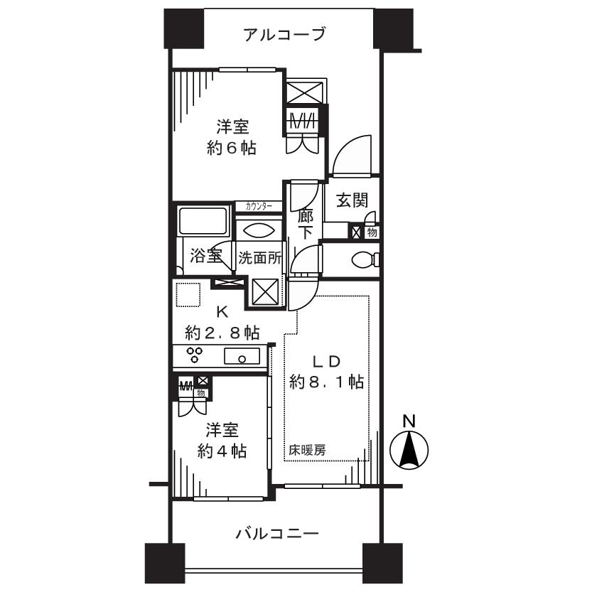 Floor plan. 2LDK, Price 39,800,000 yen, Occupied area 46.42 sq m , Balcony area 9.44 sq m south-facing, Western-style can also be used as Tsuzukiai of living