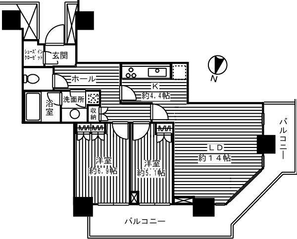 Floor plan. 2LDK, Price 59,800,000 yen, Occupied area 71.65 sq m , Balcony area 23.4 sq m