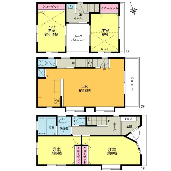 Floor plan. 55,800,000 yen, 4LDK, Land area 96.98 sq m , Building area 107.99 sq m 18 quires LDK, All room 6 quires more, With an emphasis on living ease, Taken between commitment. 