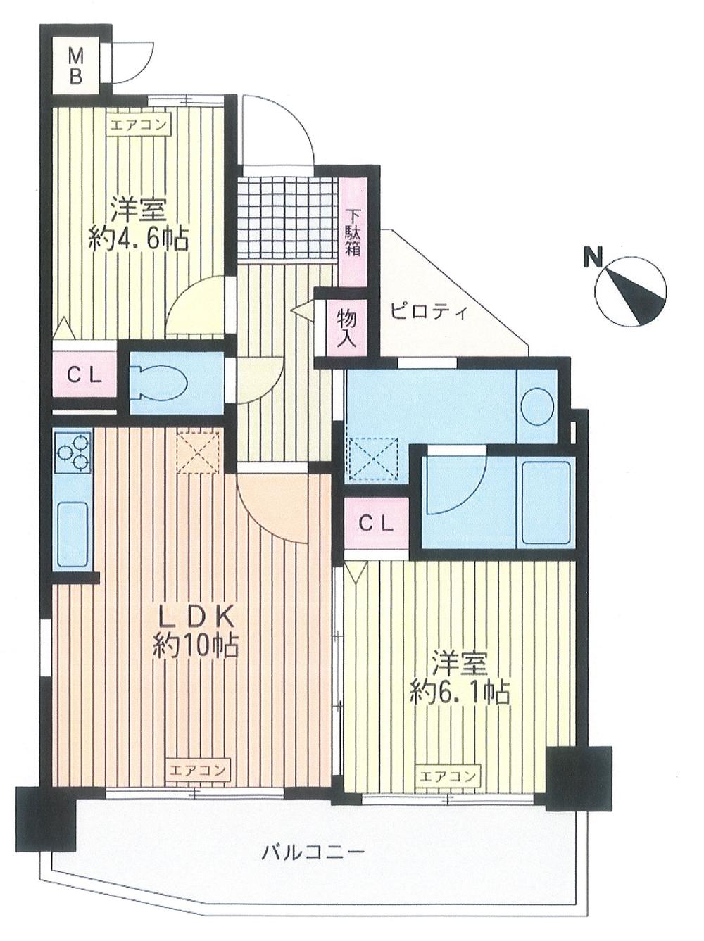 Floor plan. 2LDK, Price 25,800,000 yen, Occupied area 47.95 sq m , Balcony area 10.23 sq m