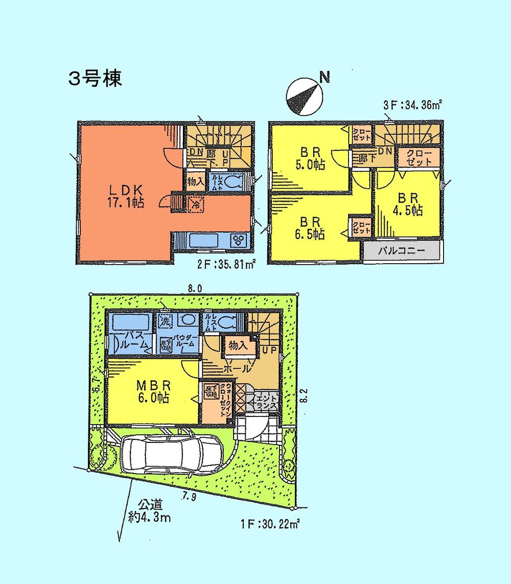 Floor plan. (3 Building), Price 36,800,000 yen, 4LDK, Land area 60.12 sq m , Building area 100.39 sq m