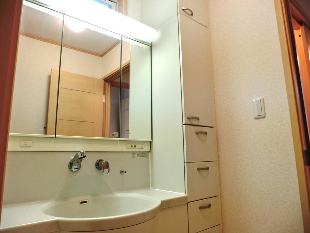Wash basin, toilet. Bathroom vanity with cabinet