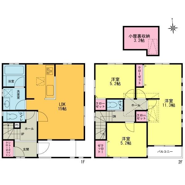 Floor plan. 51,800,000 yen, 3LDK, Land area 95.33 sq m , Building area 92.33 sq m counter kitchen LDK15 Pledge The main bedroom 11.3 Pledge Attic storage