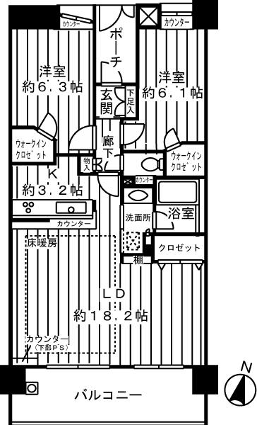 Floor plan. 2LDK, Price 36,900,000 yen, Footprint 70.6 sq m , Balcony area 11.44 sq m