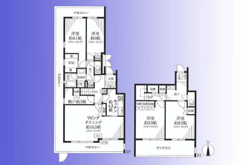 Floor plan. 4LDK + S (storeroom), Price 59,800,000 yen, Footprint 137.92 sq m , Balcony area 32.58 sq m   [The area occupied 130 square meters super maisonette] Entrance ・ kitchen ・ Toilet is located in the upper and lower floors, We seek a life ease.