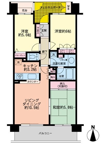 Floor plan. 3LDK, Price 35,800,000 yen, Occupied area 69.07 sq m , Balcony area 11.16 sq m