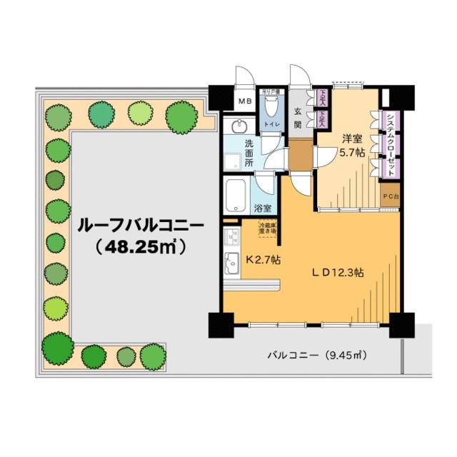 Floor plan. 1LDK, Price 31,900,000 yen, Occupied area 44.94 sq m , Balcony area 9.45 sq m