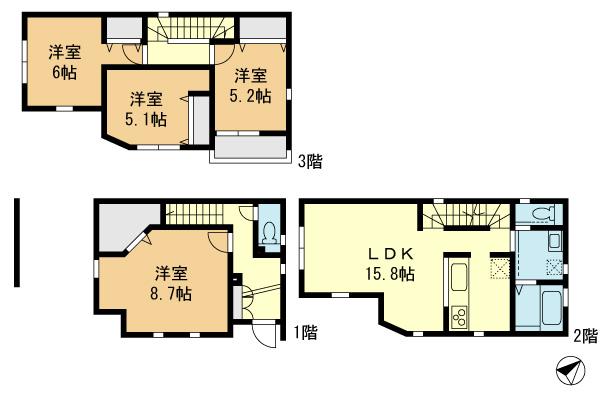 Floor plan. (4 Building), Price 38,800,000 yen, 4LDK, Land area 62.7 sq m , Building area 109.71 sq m