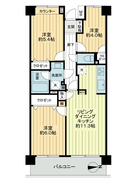 Floor plan. 3LDK, Price 31,900,000 yen, Occupied area 60.61 sq m , Balcony area 8.4 sq m