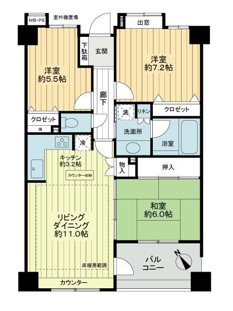 Floor plan. 3LDK, Price 29,900,000 yen, Occupied area 73.62 sq m , Balcony area 7 sq m there width about 7.3m. The LD floor heating ・ Bathroom dryer in the bathroom ・ 24-hour ventilation system ・ Of between 1.5 closet ・ There is storage of the hammer worth the LD