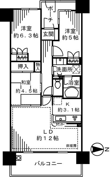 Floor plan. 3LDK, Price 47,500,000 yen, Occupied area 67.34 sq m , Use of balcony area 11.85 sq m Japanese-style room 4.5 tatami easy 3LDK.