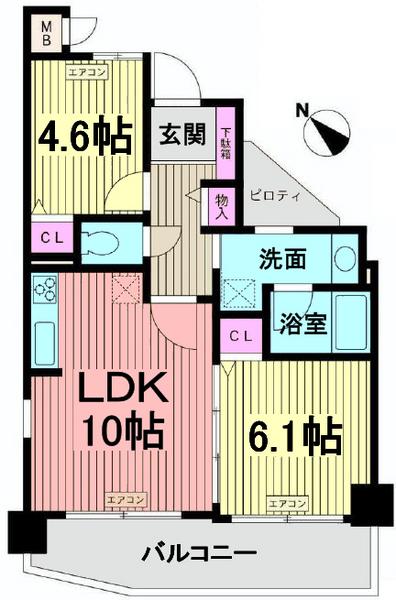 Floor plan. 2LDK, Price 25,800,000 yen, Occupied area 47.95 sq m , Balcony area 10.23 sq m