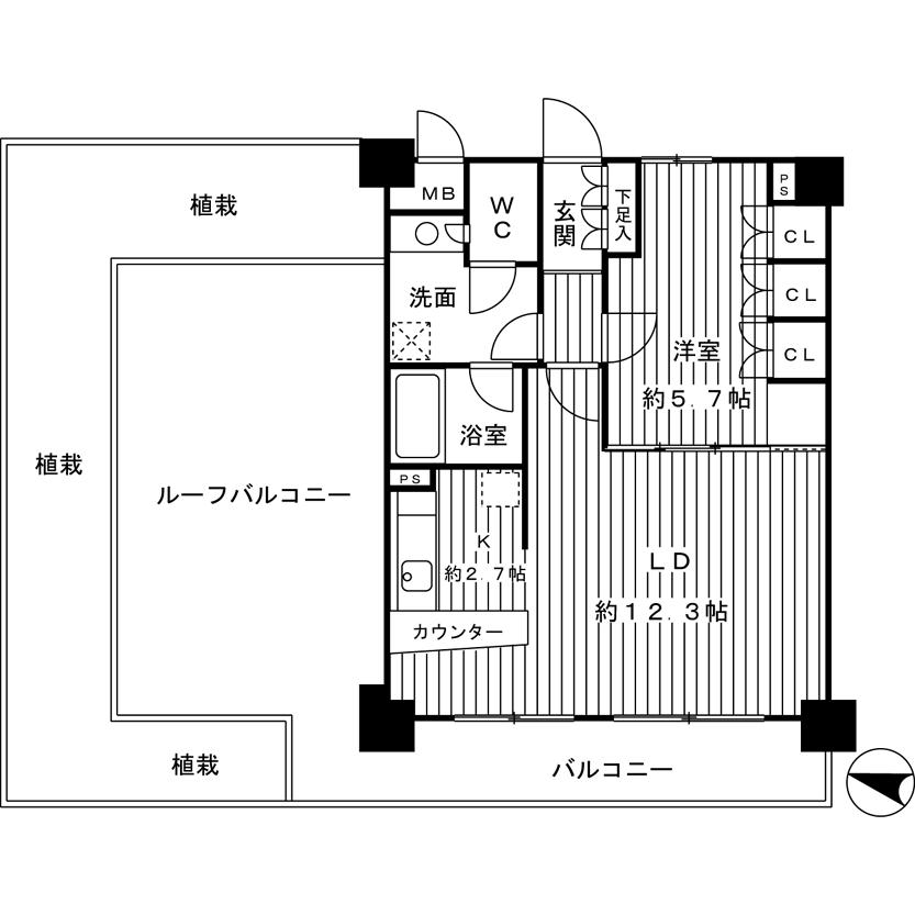 Floor plan. 1LDK, Price 31,900,000 yen, Occupied area 48.19 sq m , This room of the balcony area 9.45 sq m roof balcony.