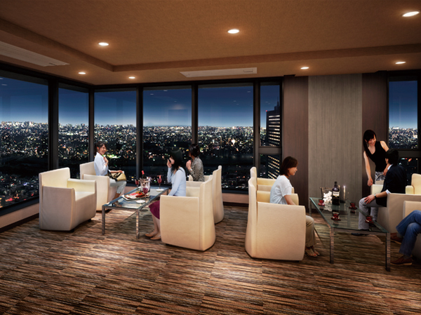 Features of the building.  [Sky Lounge] We prepared a sky lounge with a magnificent view spreads to the 40th floor. (Rendering)  ※ Sky Lounge Rendering is CG synthesis building Rendering of the drawings of the planning stage was raised to draw based on the lookout photo of from the corresponding 40-floor site (December 2012 shooting) ・ Which was processed, In fact a slightly different. Also, Surrounding environment ・ View might change in the future.  ※ Sky Lounge ・ Community Room of the charter, Use of the services of the guest rooms and the like, it may be charged. For more information please contact the person in charge.