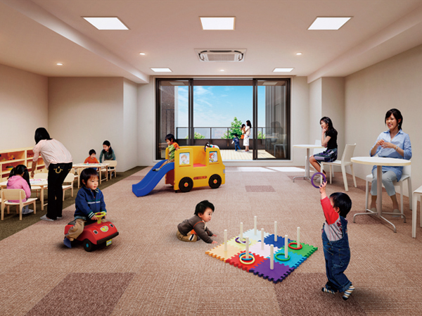 Features of the building.  [Community Room] A community room with a balcony on the second floor to function as a play space of chat and children among those who live. (Rendering)
