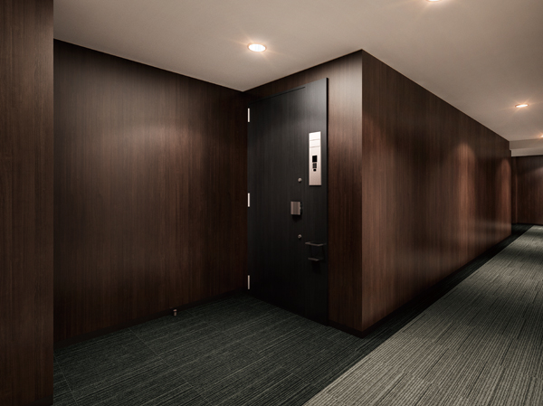 Features of the building.  [Inner hallway] The approach to the private residence, Adopt an inner corridor style, such as a hotel. Through an inner corridor without touching the outside air from the elevator hall because it is possible to approach to each residence, Also it has excellent privacy of. (Rendering)