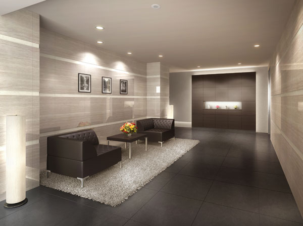 Features of the building.  [entrance] Appropriate to the place that leads to the private space, Sedately the modeling of the entrance. The spacious entrance hall is, And the elegant moments of warmth coming home of the family. Different from the atmosphere of calm town, It is graceful space to switch to a restful feeling. (Rendering)