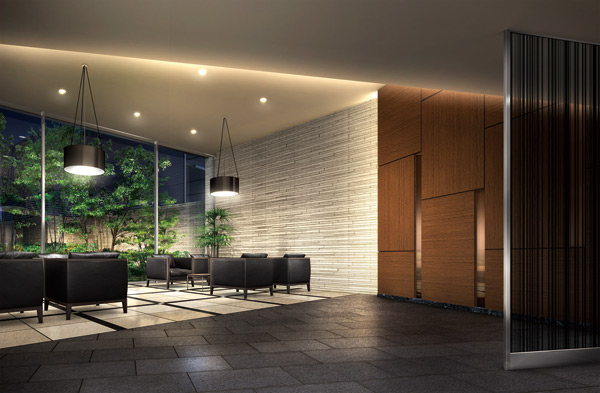 Shared facilities.  [Entrance lounge Rendering] Complete change from the Entrance Hall, Entrance lounge of the ceiling height of about 3.6m the impression is switched. Paste randomly pure white border tiles on the wall, It has brought profound expression in dazzling. Floor is a sharp tile with contrast, In addition dark color of the sofa and lighting equipment is tightening the space, You have to have a cosmopolitan calm.