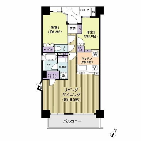 Floor plan. 2LDK, Price 33,800,000 yen, Occupied area 56.91 sq m , Balcony area 7.17 sq m