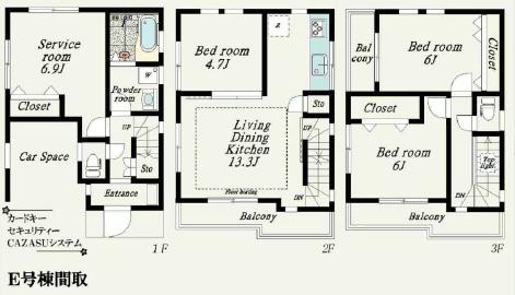Floor plan. (E Building), Price 37,800,000 yen, 4LDK, Land area 56.14 sq m , Building area 100.39 sq m