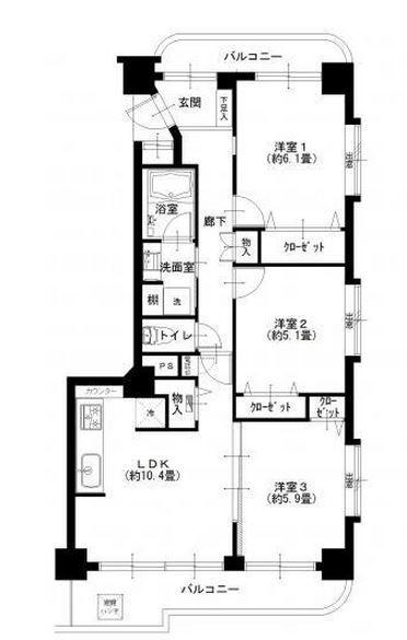 Floor plan. 3LDK, Price 29,900,000 yen, Occupied area 64.78 sq m , Balcony area 12.08 sq m