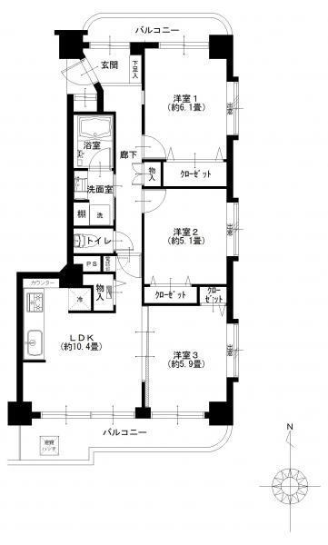 Floor plan. 3LDK, Price 29,900,000 yen, Occupied area 64.78 sq m , Balcony area 12.08 sq m