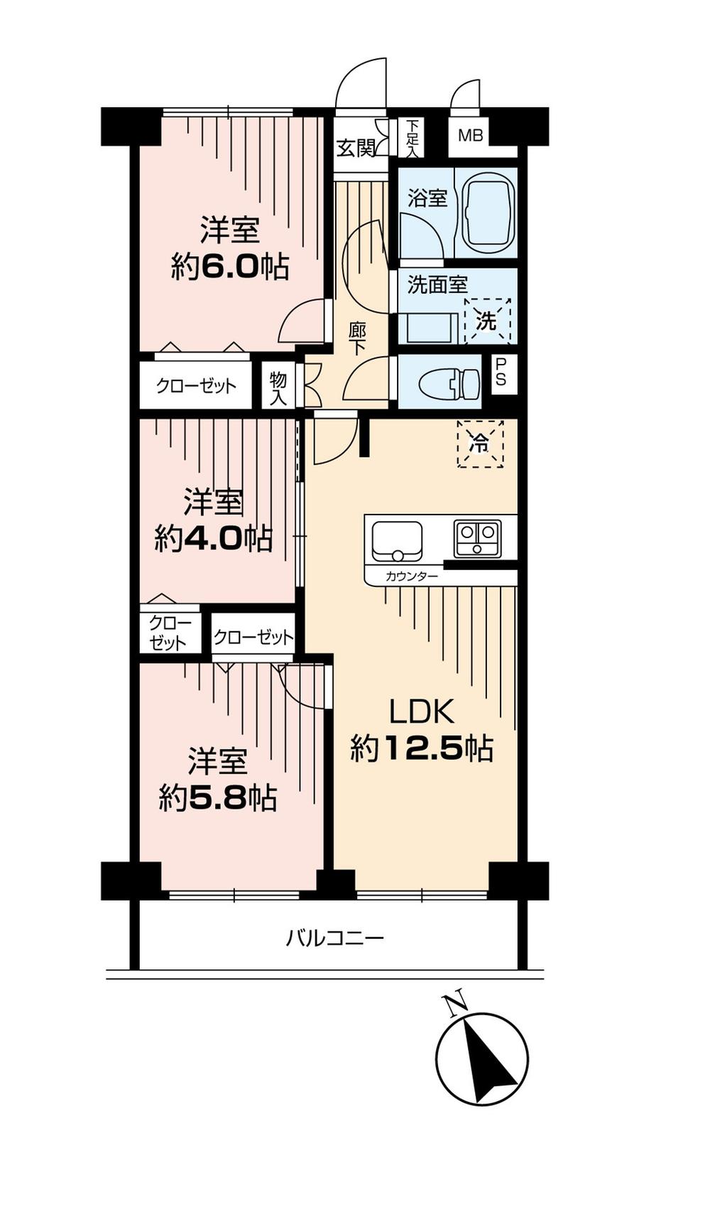 Floor plan. 3LDK, Price 19,800,000 yen, Occupied area 61.56 sq m , Balcony area 5.94 sq m