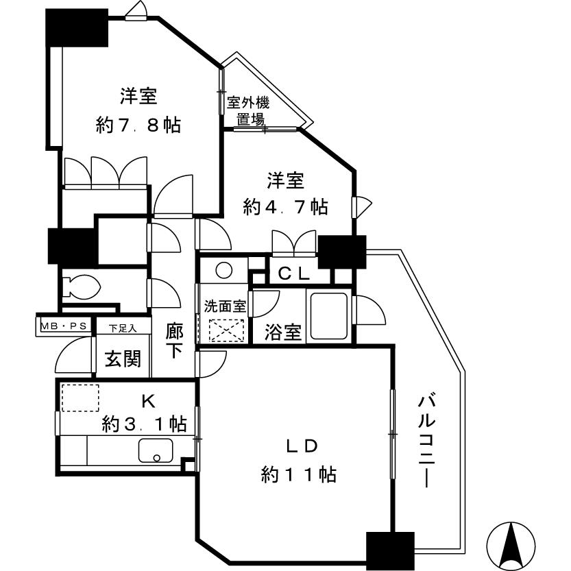 Floor plan. 2LDK + S (storeroom), Price 43,800,000 yen, Footprint 61 sq m , It is taken between a lot of window surface of the balcony area 9.47 sq m square room.