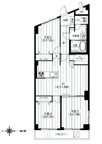 Floor plan. 3LDK, Price 25,900,000 yen, Occupied area 67.81 sq m , Balcony area 5.24 sq m