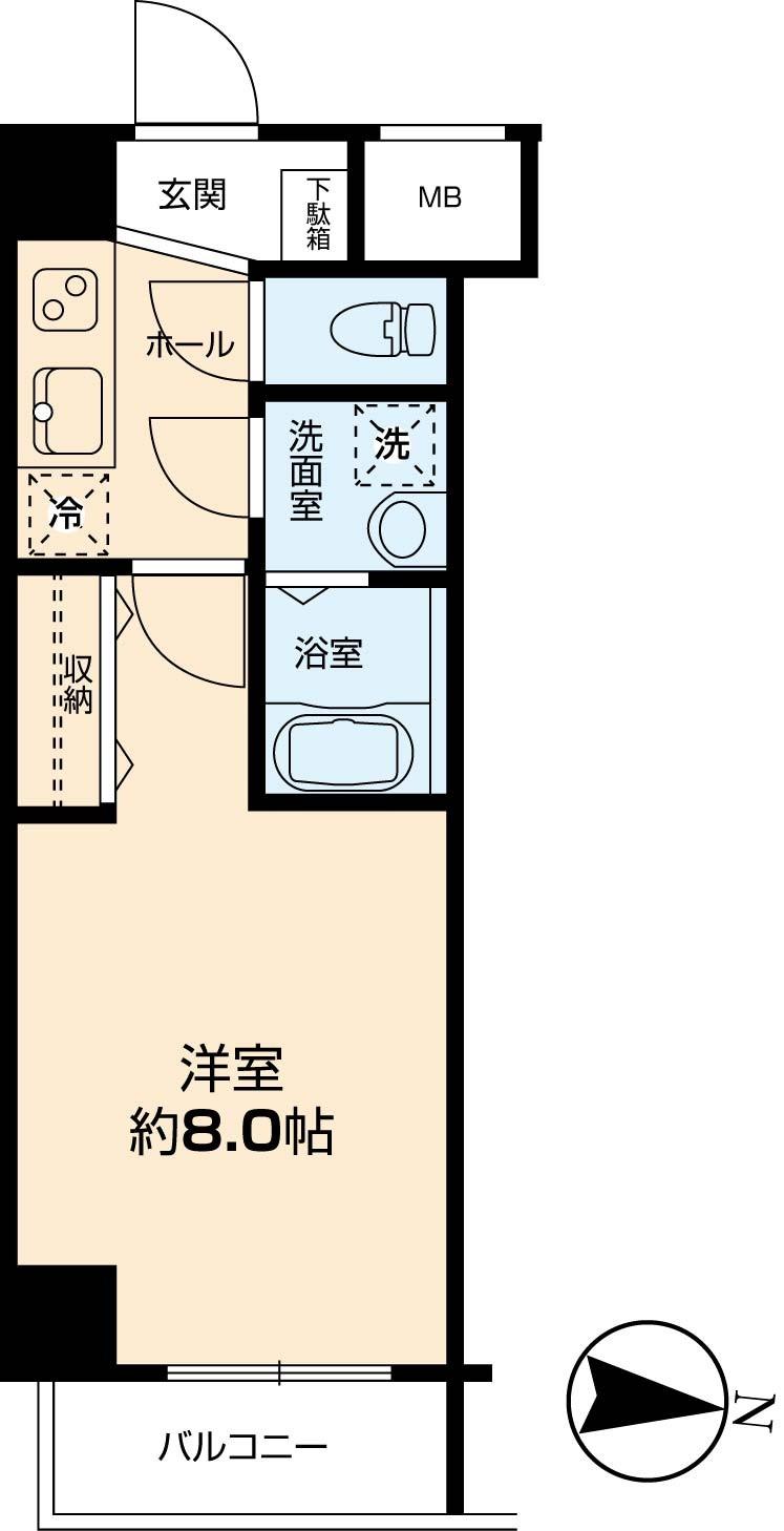 Floor plan. 1K, Price 12.6 million yen, Occupied area 25.03 sq m , Balcony area 2.7 sq m