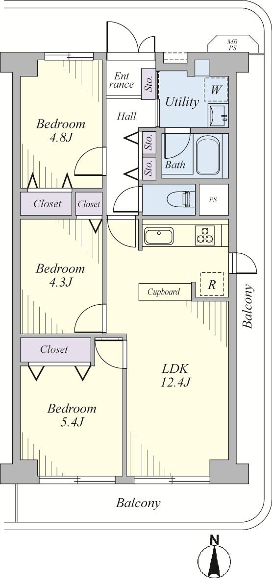 Floor plan. 3LDK, Price 24,800,000 yen, Footprint 61.6 sq m , Balcony area 18.7 sq m