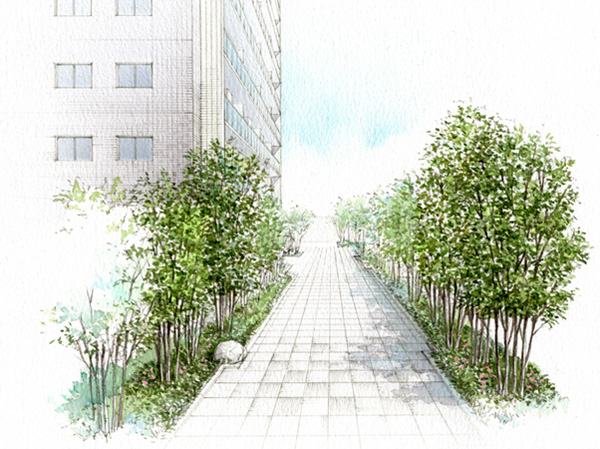 Features of the building.  [Entrance approach that will increase the tranquility] Mansion, It will increase the atmosphere with the "depth" of entrance approach. It is to form the "depth", Planting and spatial composition feel the sum. Soothing space is every time you walk. (Entrance approach Rendering Illustration)