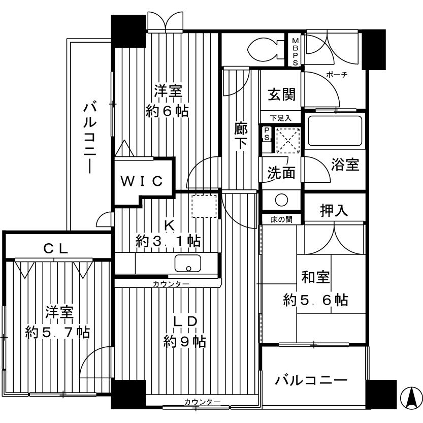 Floor plan. 3LDK, Price 31,400,000 yen, Occupied area 65.47 sq m , Balcony area 9.27 sq m wide span about 9.05m