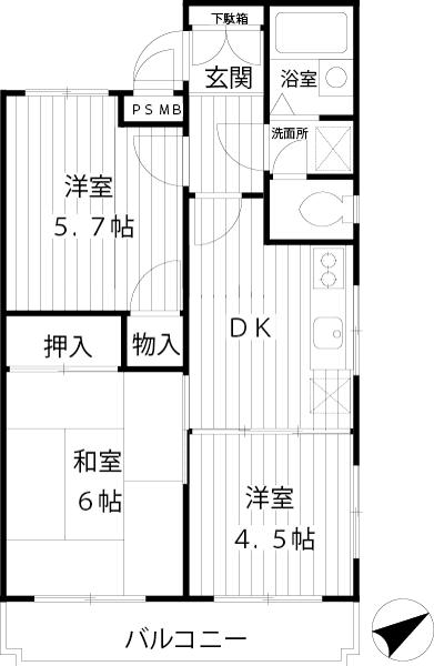 Floor plan. 3DK, Price 13.8 million yen, Occupied area 44.98 sq m , Is 3DK of balcony area 5.26 sq m Western-style two rooms and Japanese-style one room.