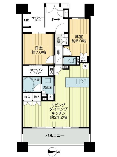Floor plan. 2LDK, Price 43,800,000 yen, Footprint 75.2 sq m , Balcony area 14.4 sq m