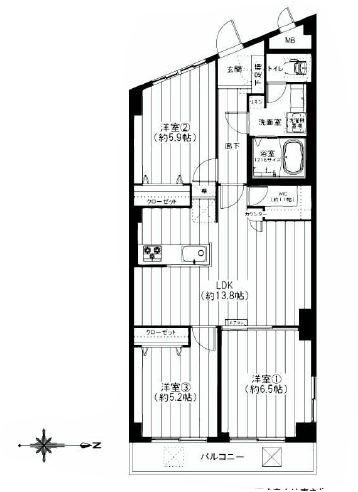 Floor plan. 3LDK, Price 25,900,000 yen, Occupied area 67.81 sq m , Balcony area 8.24 sq m