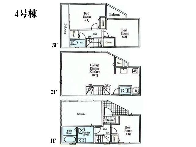 Floor plan. (4 Building), Price 39,800,000 yen, 3LDK, Land area 52.3 sq m , Building area 98.06 sq m
