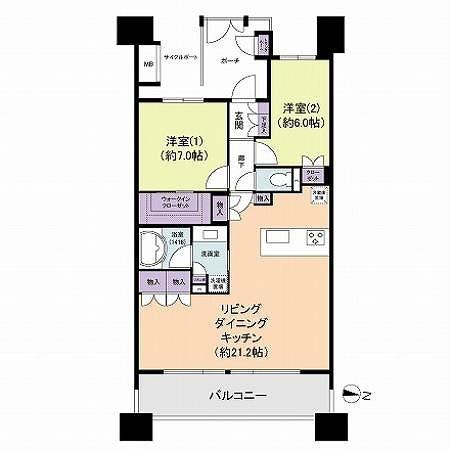 Floor plan. 2LDK, Price 43,800,000 yen, Footprint 75.2 sq m , Balcony area 14.4 sq m