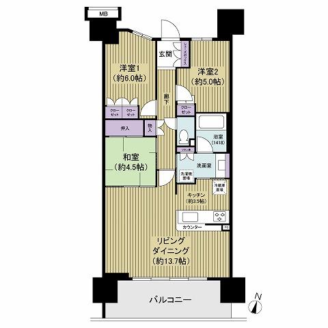 Floor plan. 3LDK, Price 47,800,000 yen, Occupied area 72.57 sq m , Balcony area 12.3 sq m