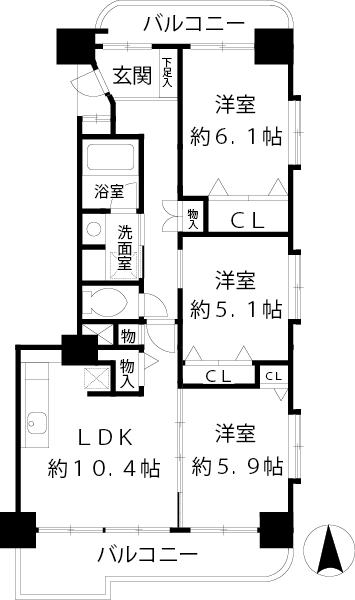 Floor plan. 3LDK, Price 29,900,000 yen, Occupied area 64.78 sq m , Balcony area 12.08 sq m southeast angle room ・ Yang per good